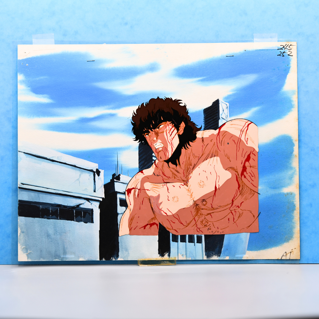 Fist of the North Star (Hokuto no Ken) – Kenshiro Shirtless Bleeding – Original Animation Cel and Background (Toei Animation, 1984)