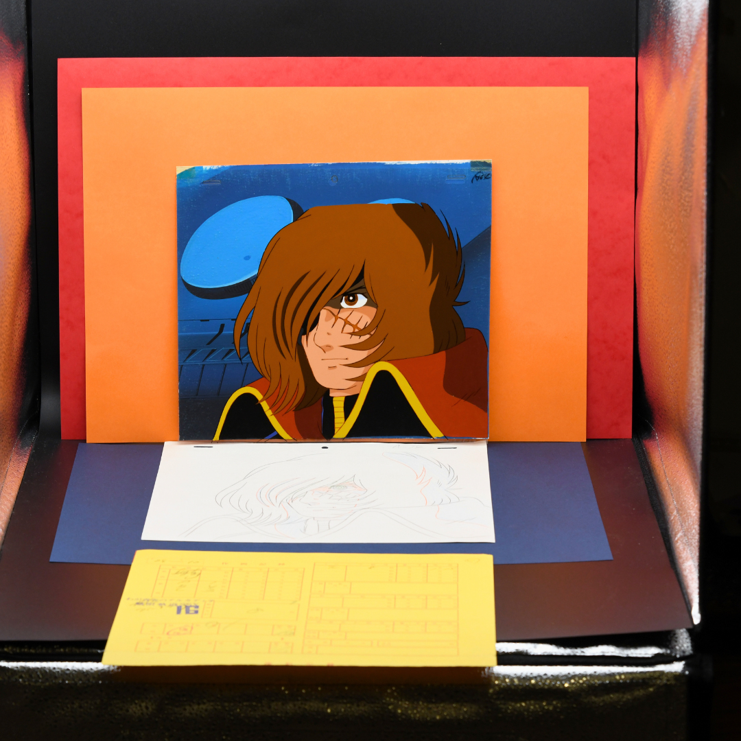 Own a rare Captain Harlock original production anime cel with matching douga and hand-painted background. Includes the studio envelope. Perfect for anime collectors!