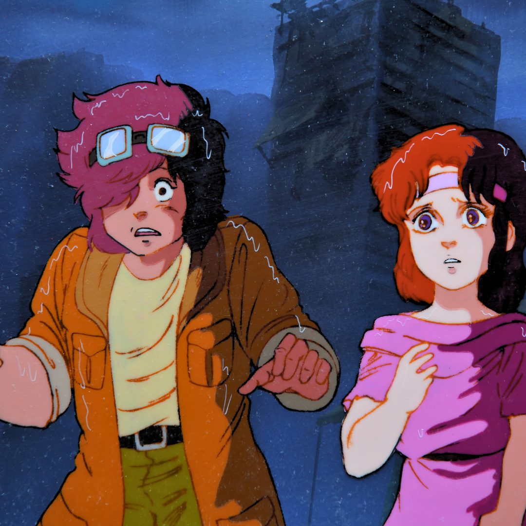 Fist of the North Star (Hokuto no Ken) – Lin and Bat under the rain – Original Animation Cels + Douga and original Background (Toei Animation, 1984)