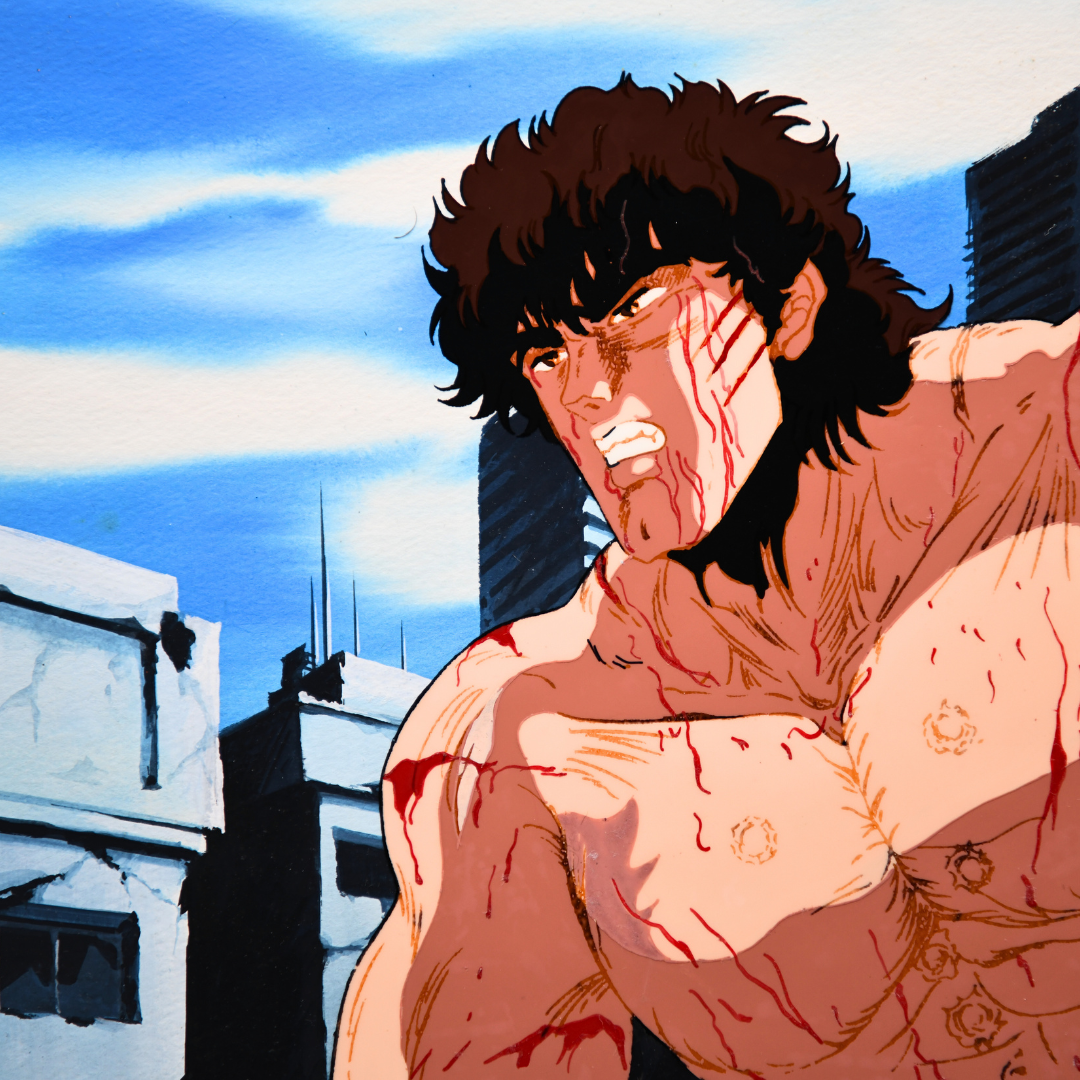 Fist of the North Star (Hokuto no Ken) – Kenshiro Shirtless Bleeding – Original Animation Cel and Background (Toei Animation, 1984)