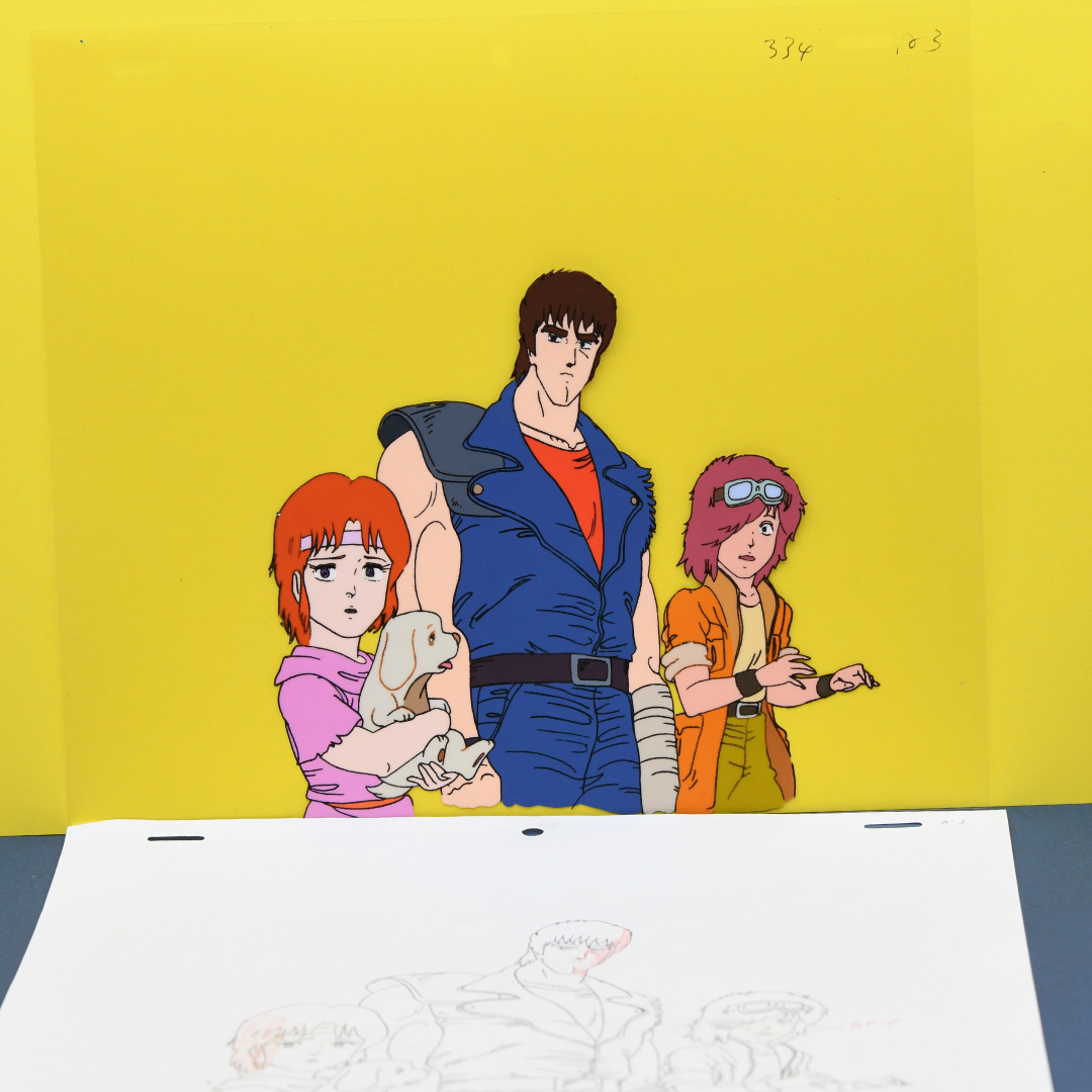 Fist of the North Star (Hokuto no Ken) – Lin, Kenshiro and Bat with Dog – original animation production artwork – detail 2