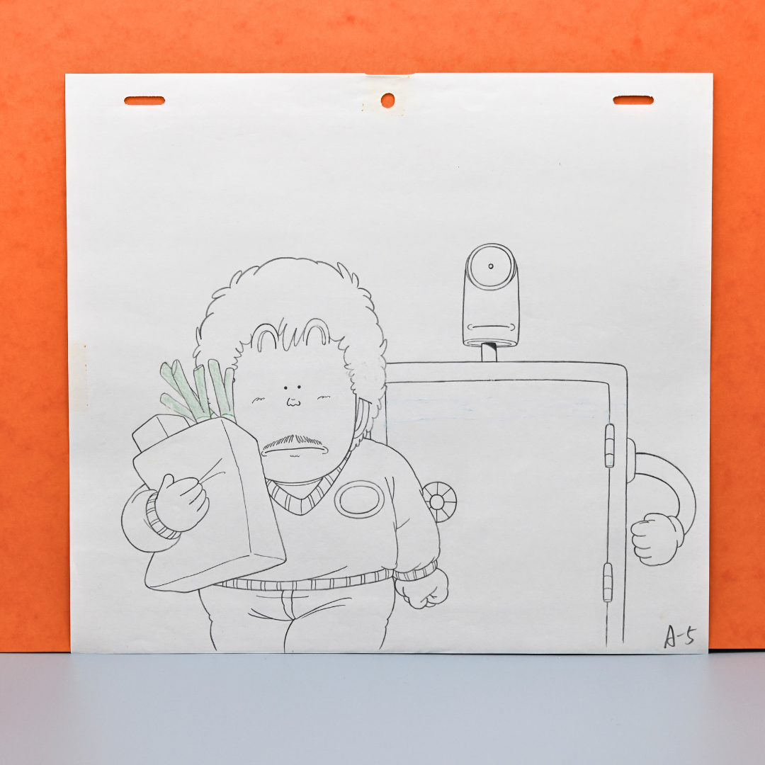 Dr. Slump – Senbei with Robot Safe Back from Grocery Scene – original animation production artwork – detail 2