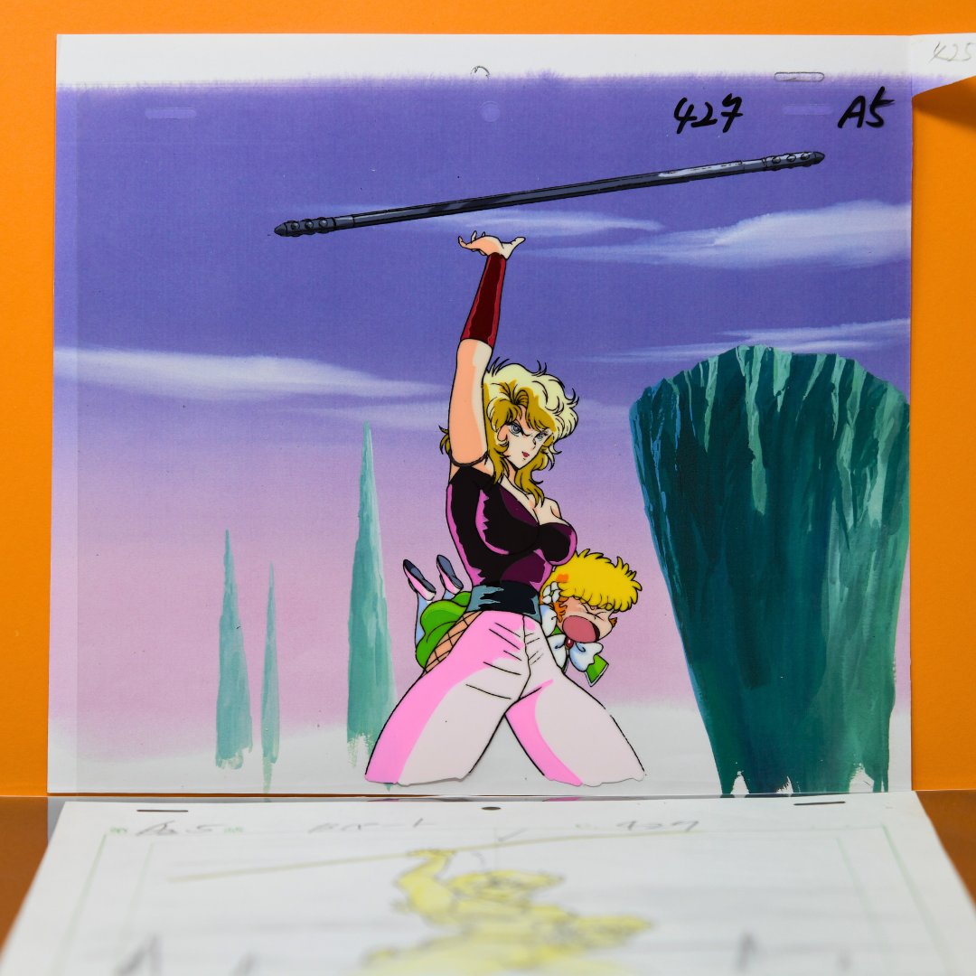 Project A-Ko The Versus - Liza holding C-ko Kotobuki - Heroic Pose - Original Production Cel Anime + Douga + Storyboard +BG