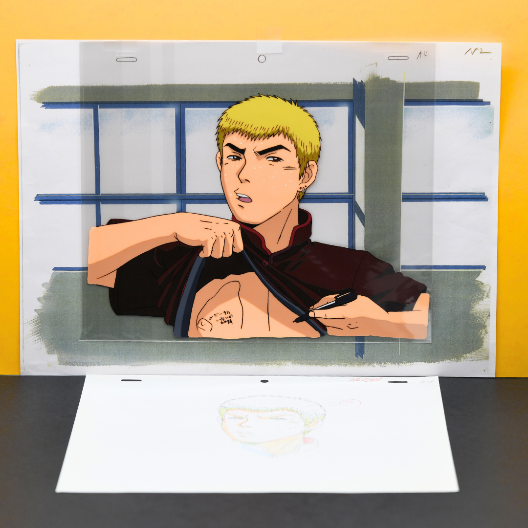 Great Teacher Onizuka (GTO) – Eikichi Onizuka Writing on His Chest, Tattoo Style – original animation production artwork – detail 2