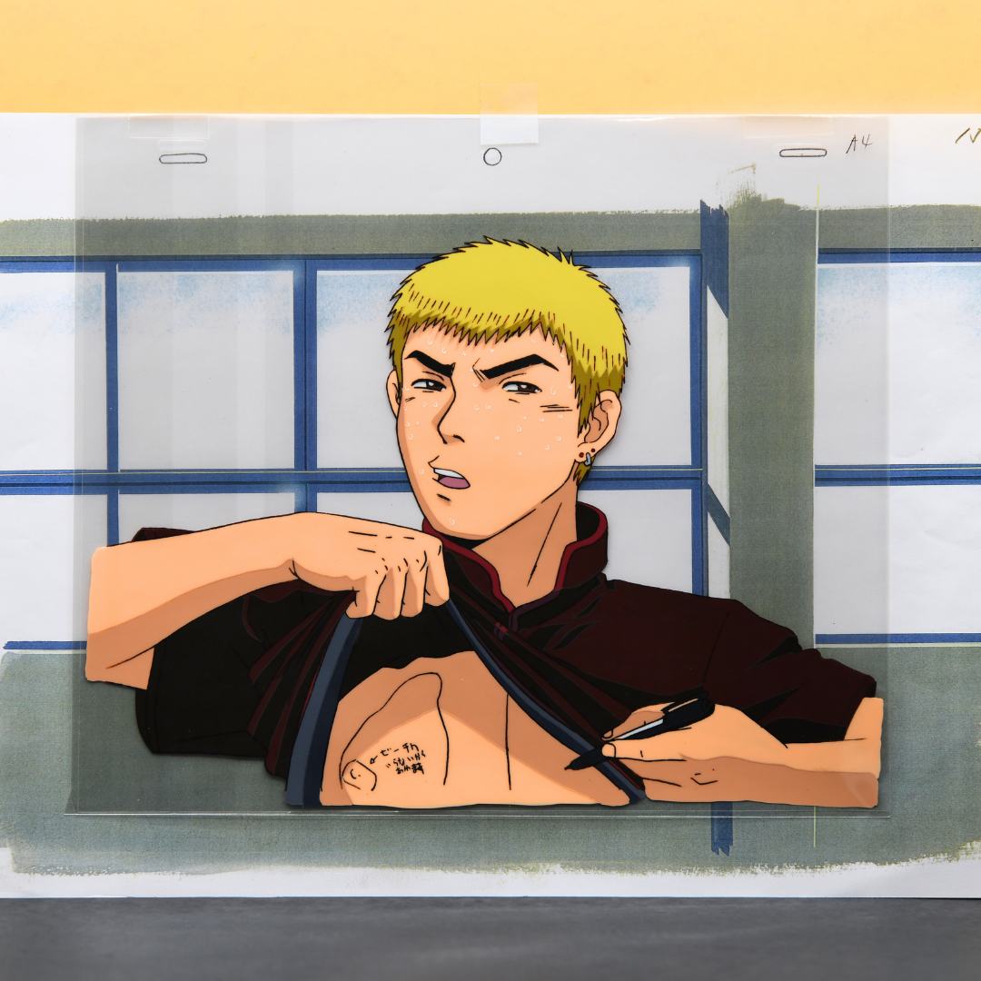 Great Teacher Onizuka (GTO) – Eikichi Onizuka Writing on His Chest, Tattoo Style – original animation production artwork – detail 3
