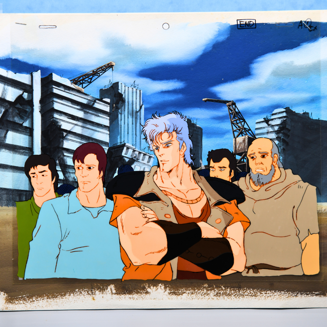 Fist of the North Star (Hokuto no Ken) – Ryuga and Villagers – Original Animation Cel and Background (Toei Animation, 1984)
