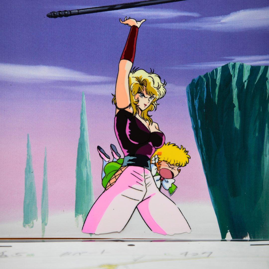 Project A-Ko The Versus - Liza holding C-ko Kotobuki - Heroic Pose - Original Production Cel Anime + Douga + Storyboard +BG