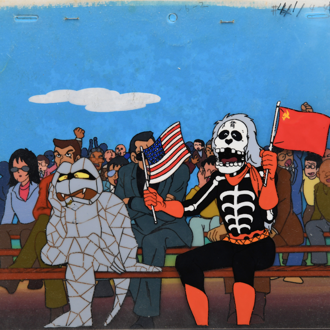 Kinnikuman (Muscle Man) – Kinkotsuman Holding Flags with Iwao – Original Production Cel & Background (Toei Animation, 1983)