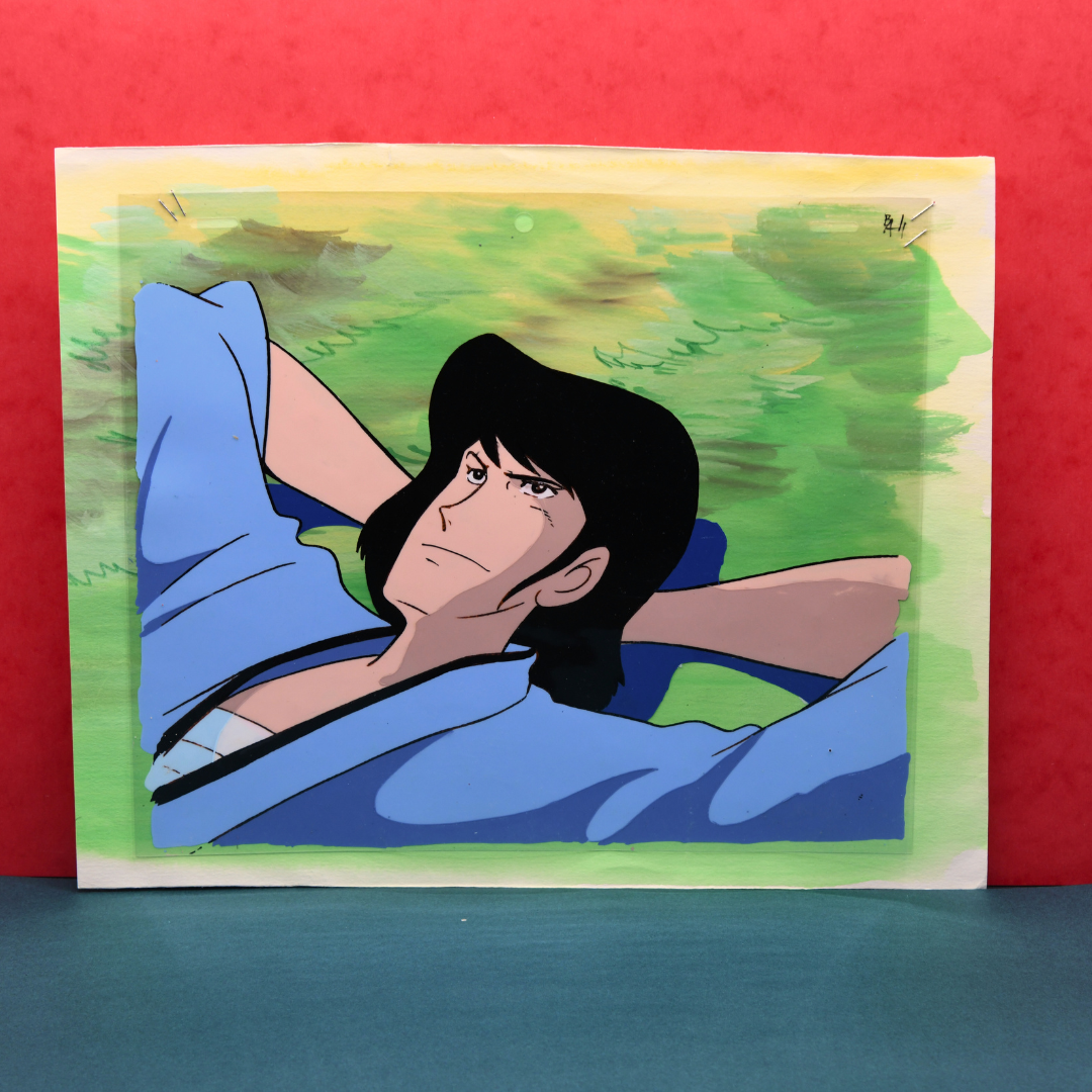 Lupin III - Goemon Ishikawa XIII chilling in the grass - Original Anime Production Cel on handpainted original Background