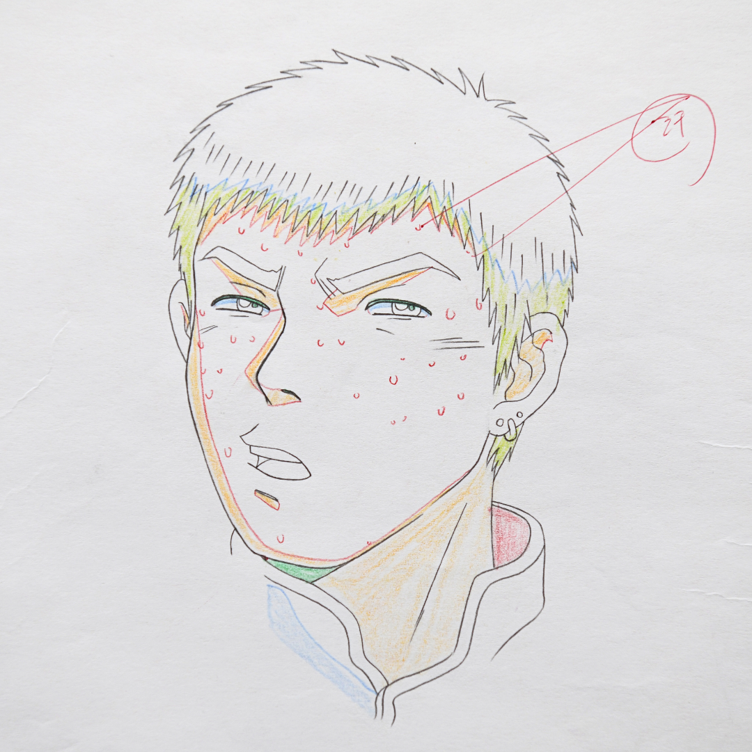 Great Teacher Onizuka (GTO) – Eikichi Onizuka Writing on His Chest, Tattoo Style – original animation production artwork – detail 4