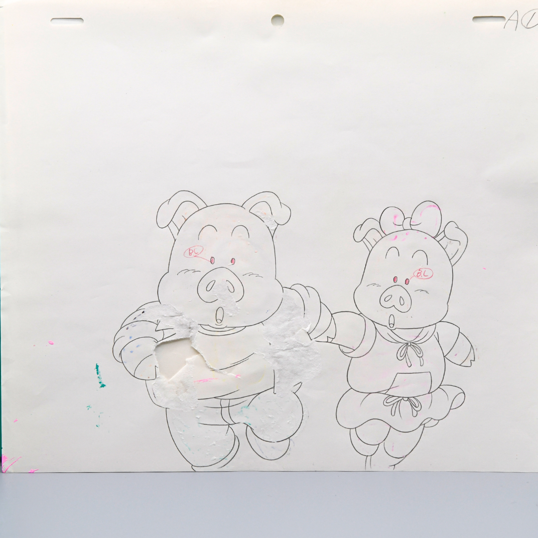 Dr. Slump – Mr. Pig and Pig Girlfriend Mid-Run – original animation production artwork – detail 3