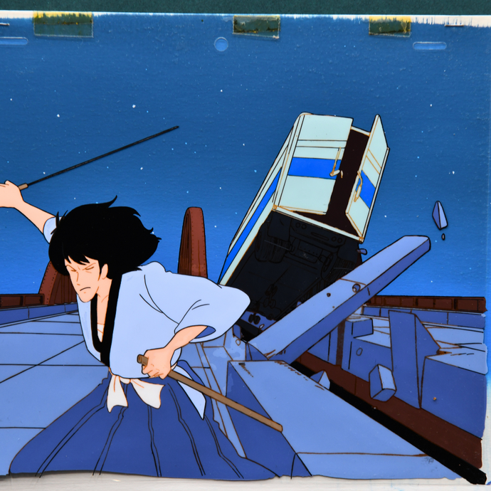 Lupin III - Goemon Ishikawa XIII slaying the road with his Katana- Original Anime Production Cel on handpainted original Background