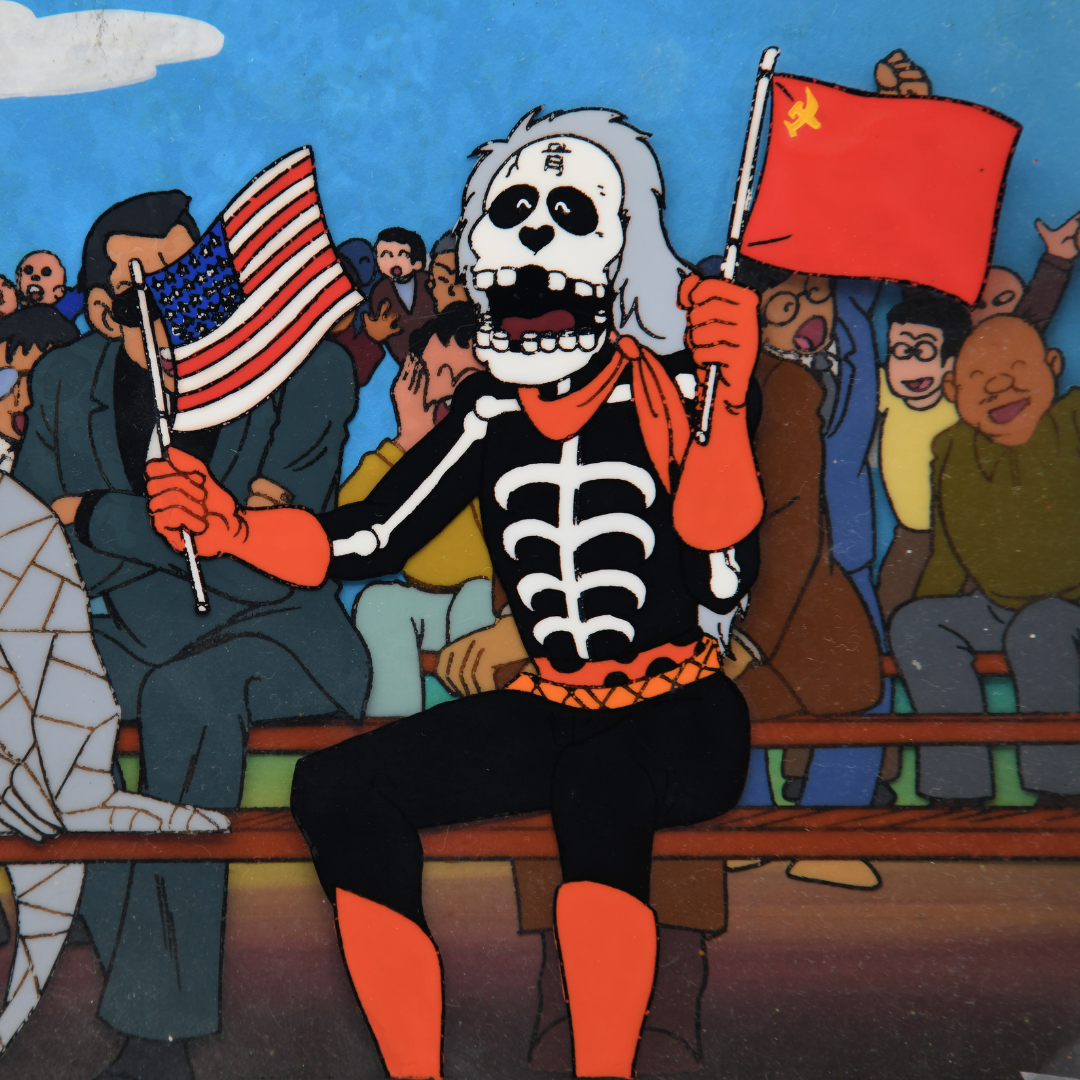 Kinnikuman (Muscle Man) – Kinkotsuman Holding Flags with Iwao – Original Production Cel & Background (Toei Animation, 1983)
