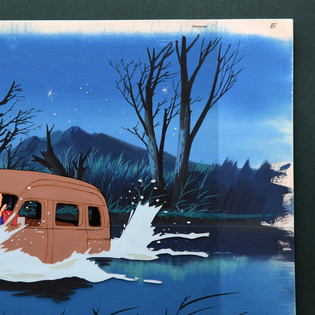 Lupin III – Arsène Lupin III and Daisuke Jigen Driving Through a Pond – original animation production artwork – detail 4