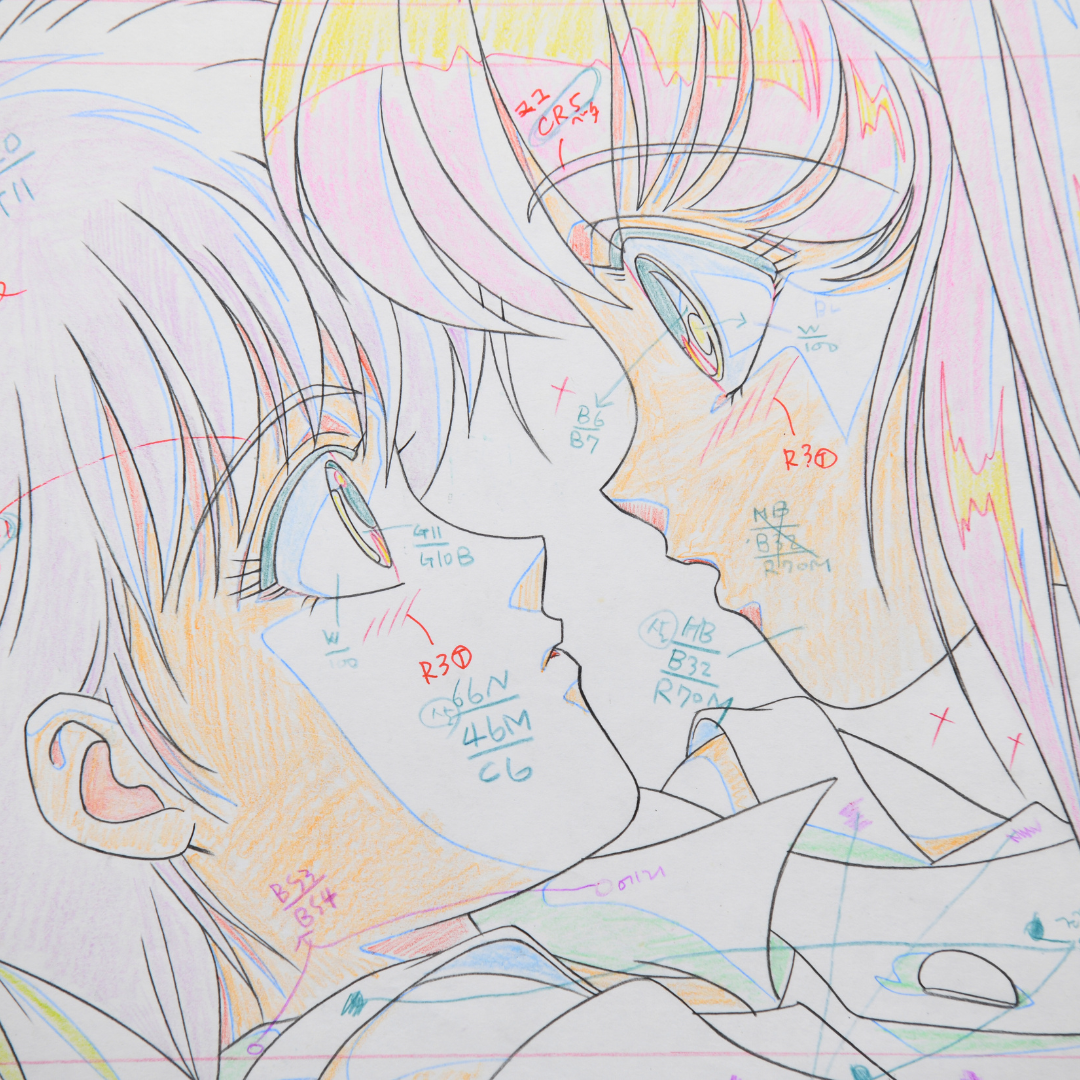 Cream Lemon – Pop Chaser (1984) – Original Douga of Rio & Mai Kiss Scene – Annotated Production Drawing