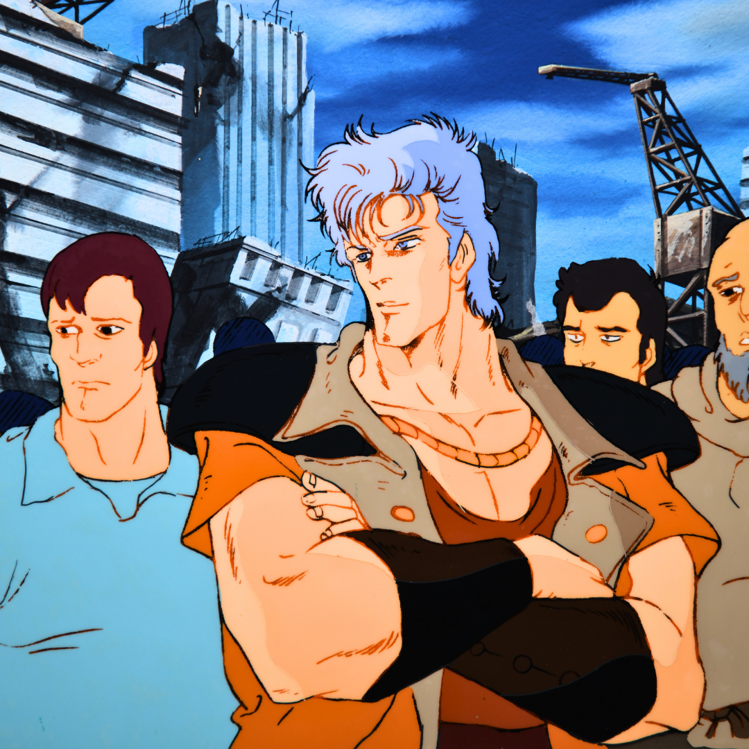 Fist of the North Star (Hokuto no Ken) – Ryuga and Villagers – Original Animation Cel and Background (Toei Animation, 1984)