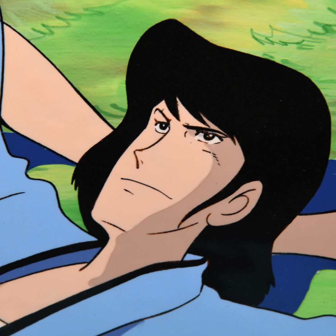 Lupin III - Goemon Ishikawa XIII chilling in the grass - Original Anime Production Cel on handpainted original Background