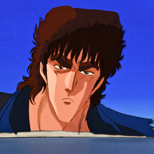 Load image into Gallery viewer, Fist of the North Star - Kenshiro Close-Up: Fire in the Eyes on Blue Sky - Original Animation Cel and Background