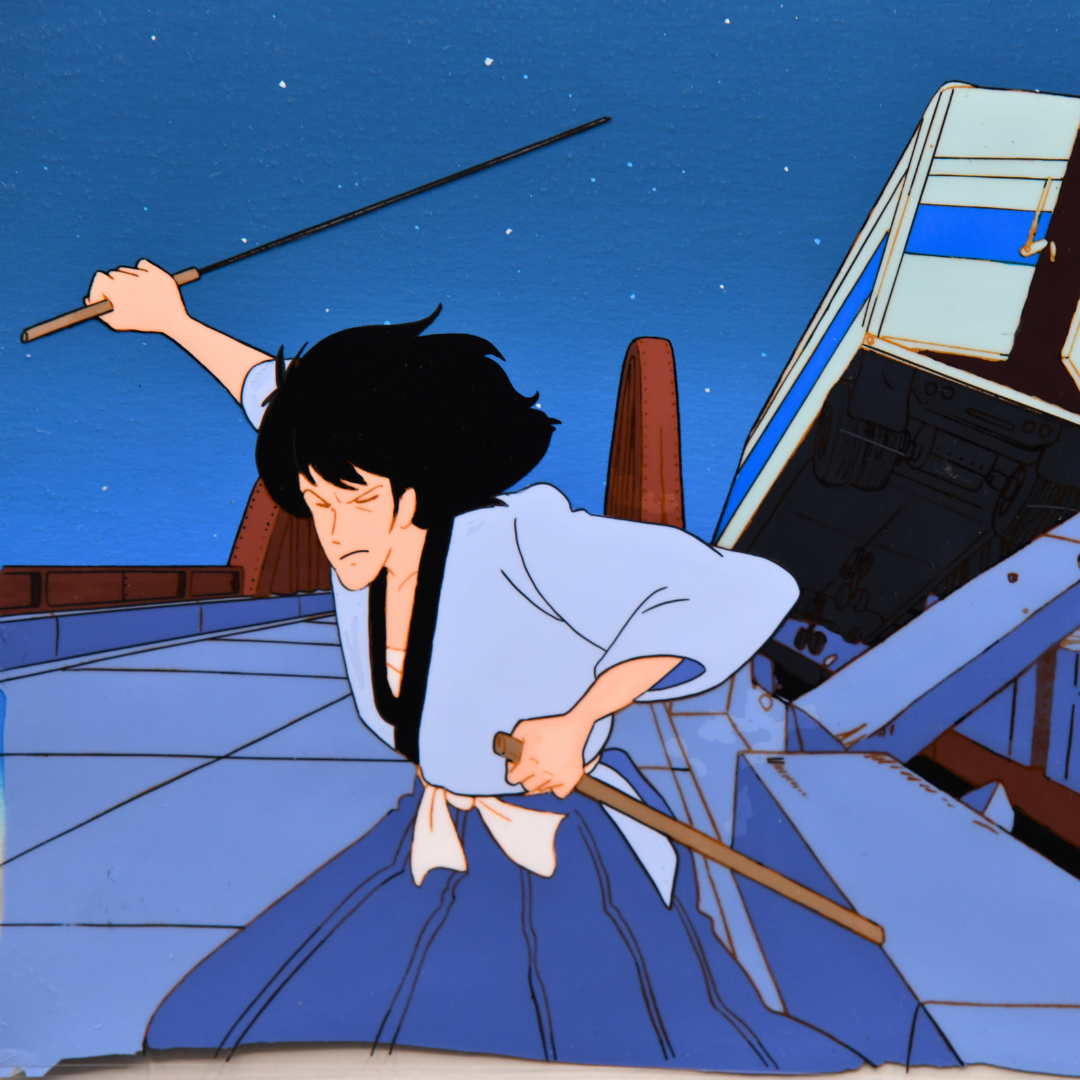 Lupin III - Goemon Ishikawa XIII slaying the road with his Katana- Original Anime Production Cel on handpainted original Background