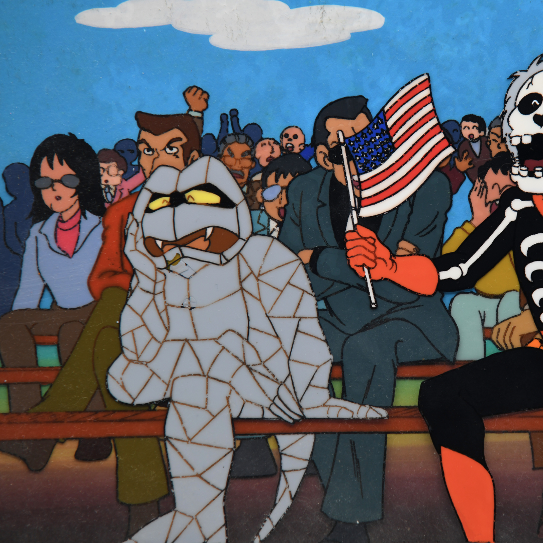 Kinnikuman (Muscle Man) – Kinkotsuman Holding Flags with Iwao – original animation production artwork – detail 3