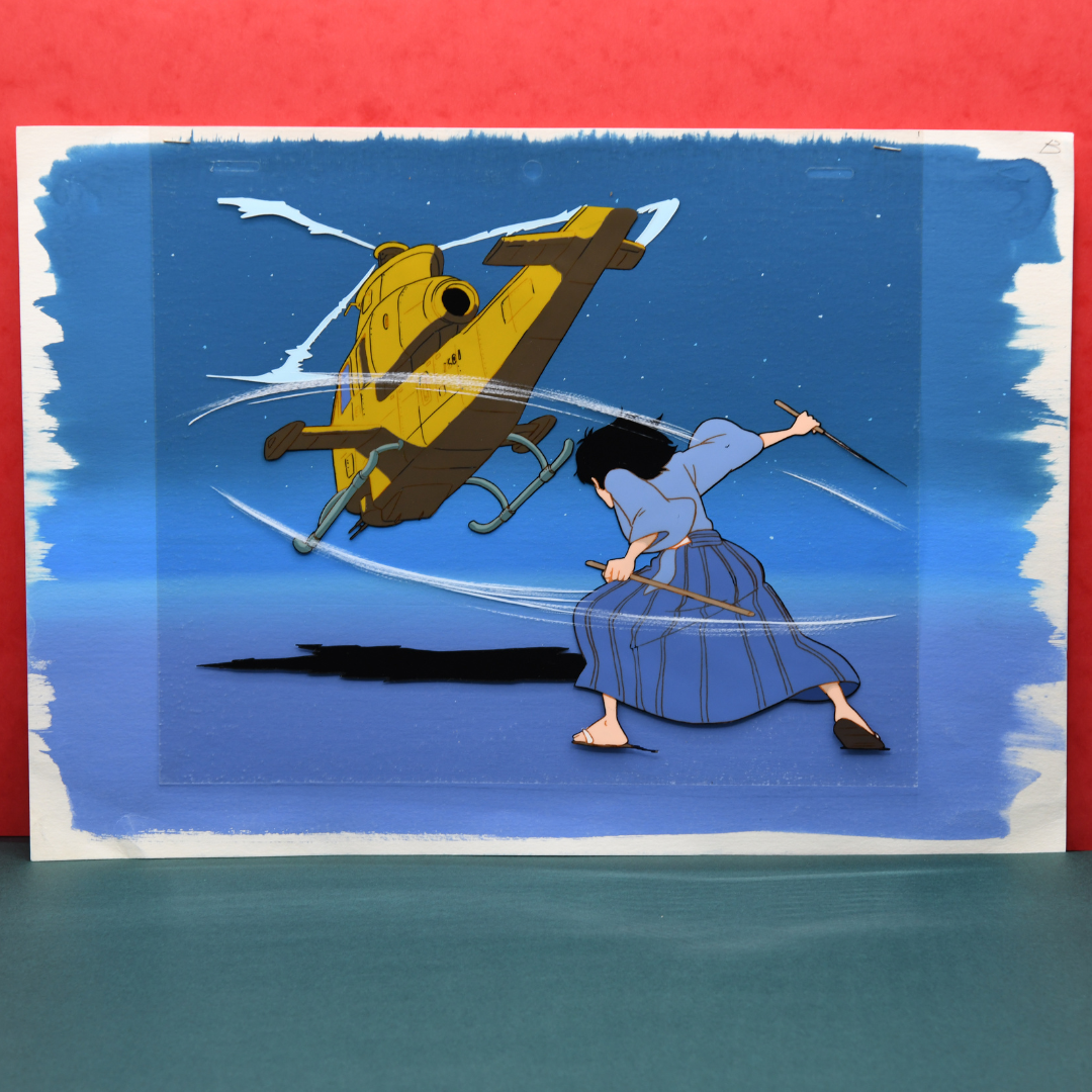 Lupin III - Goemon Ishikawa XIII  slaying an Helicopter with his Katana- Original Anime Production Cel on handpainted original Background