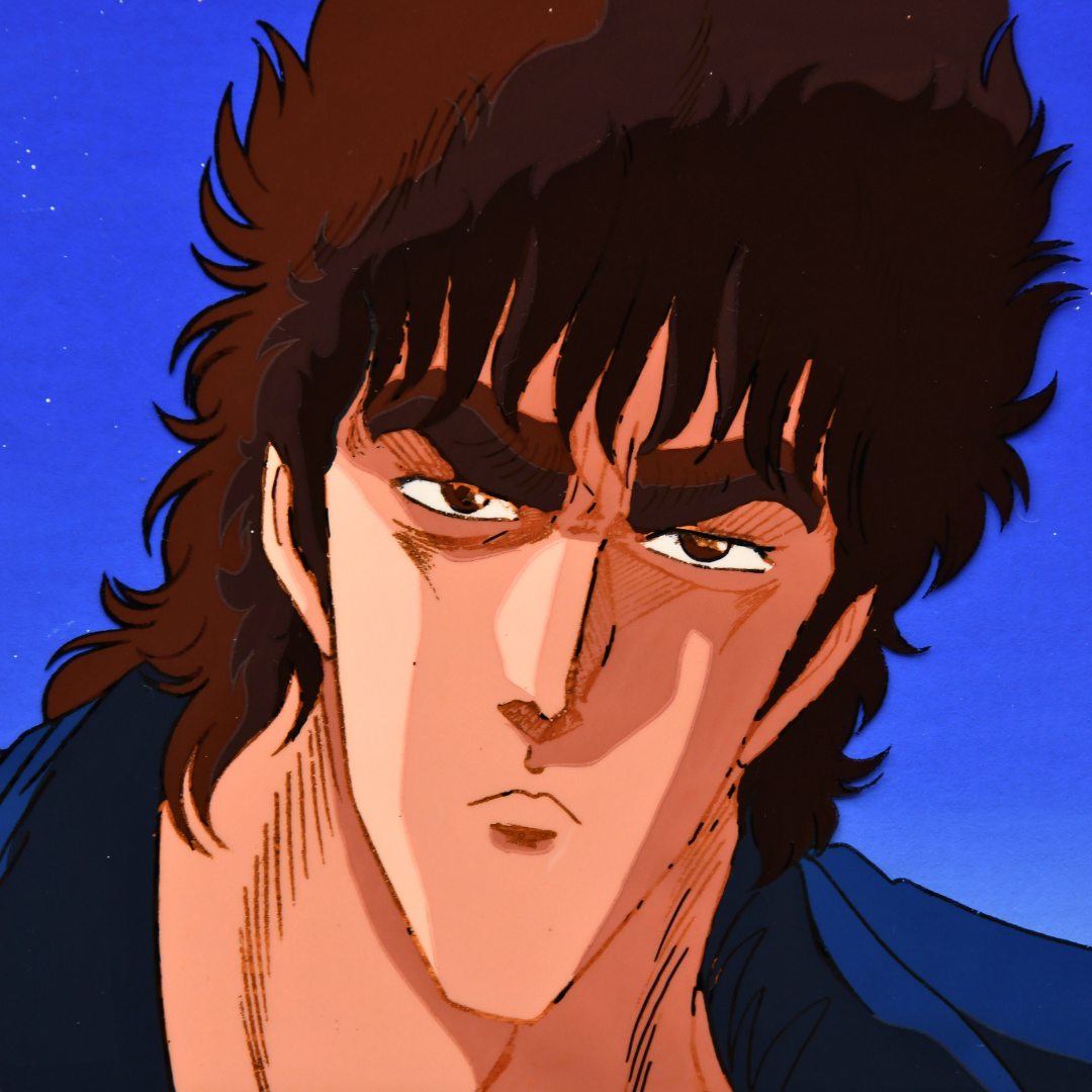 Fist of the North Star - Kenshiro Close-Up: Fire in the Eyes on Blue Sky - Original Animation Cel and Background