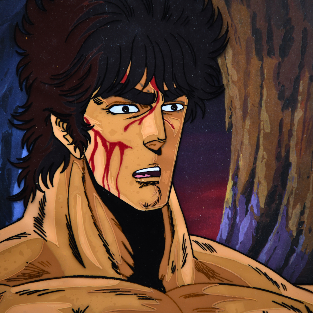Fist of the North Star (Hokuto no Ken) – Kenshiro Shoulder Shot: Shirtless and Bleeding – Original Animation Cel and Background (Toei Animation, 1984)