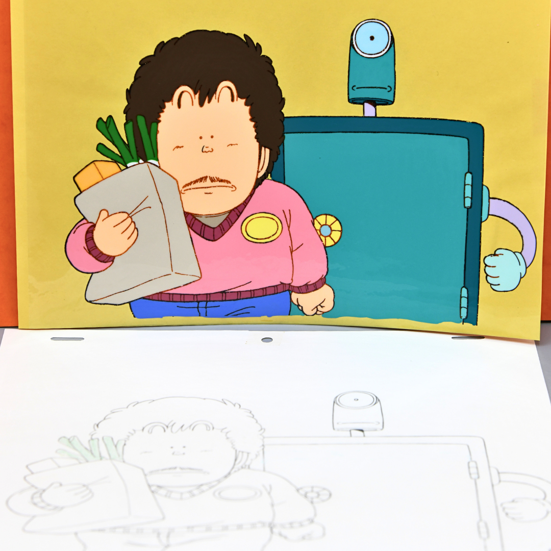 Dr. Slump – Senbei with Robot Safe Back from Grocery Scene – original animation production artwork – detail 8