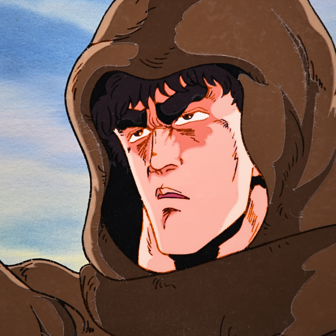Fist of the North Star (Hokuto no Ken) – Kenshiro in Cape and Hood – Original Animation Cel and Background (Toei Animation, 1984)