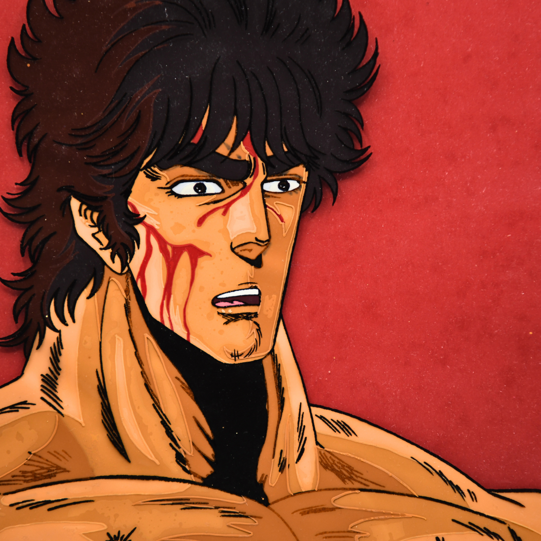 Fist of the North Star (Hokuto no Ken) – Kenshiro Shoulder Shot: Shirtless and Bleeding – Original Animation Cel and Background (Toei Animation, 1984)
