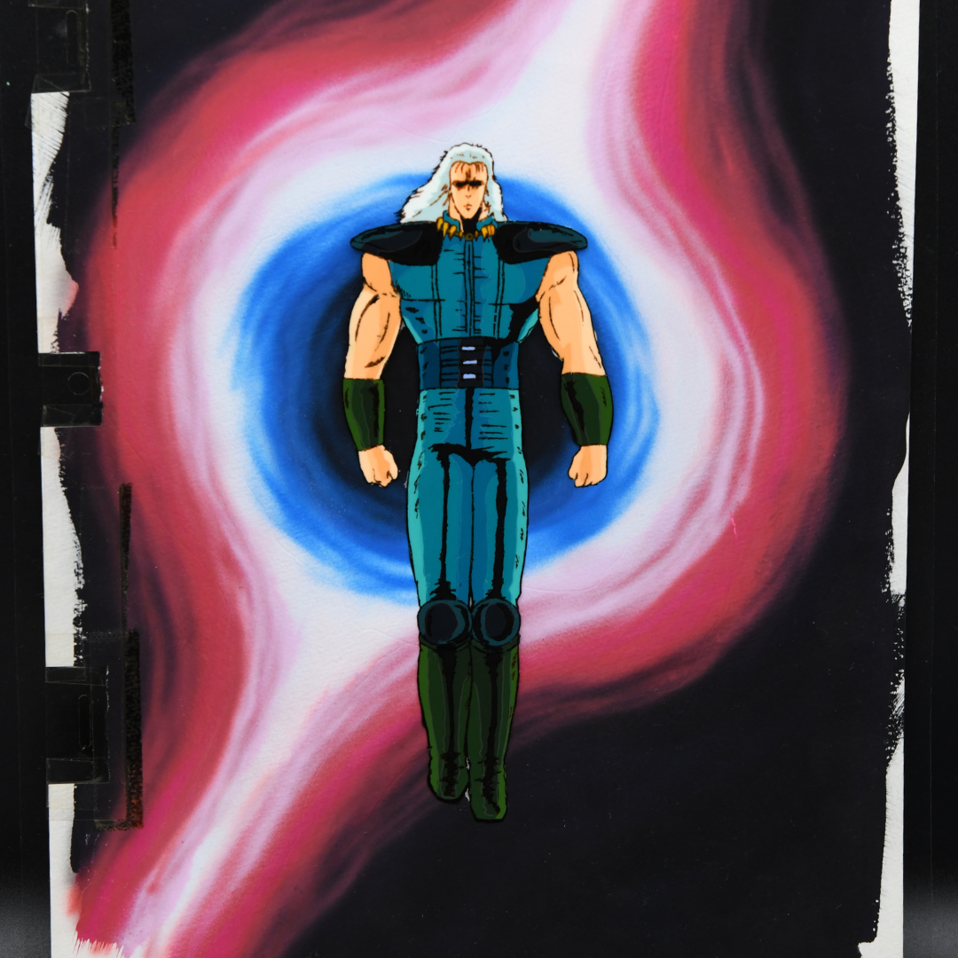 Own a rare, large-format Rei cel from Fist of the North Star with matching douga and original background. A masterpiece for discerning anime collectors. 
