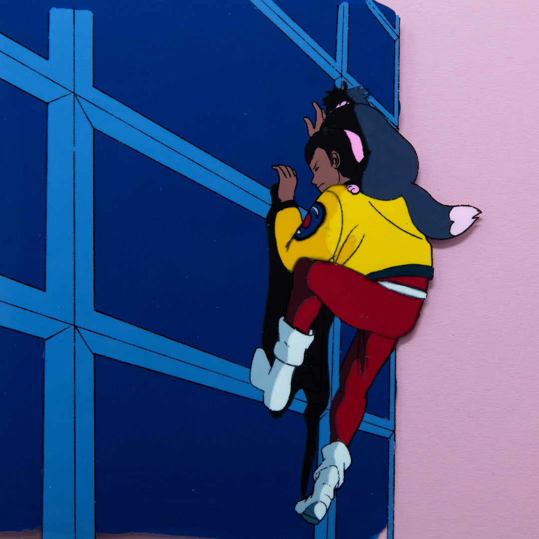 Mirai Keisatsu Urashiman (Rock ’n Cop) – Ryuu Urashima Climbing with Mya – original animation production artwork – detail 4