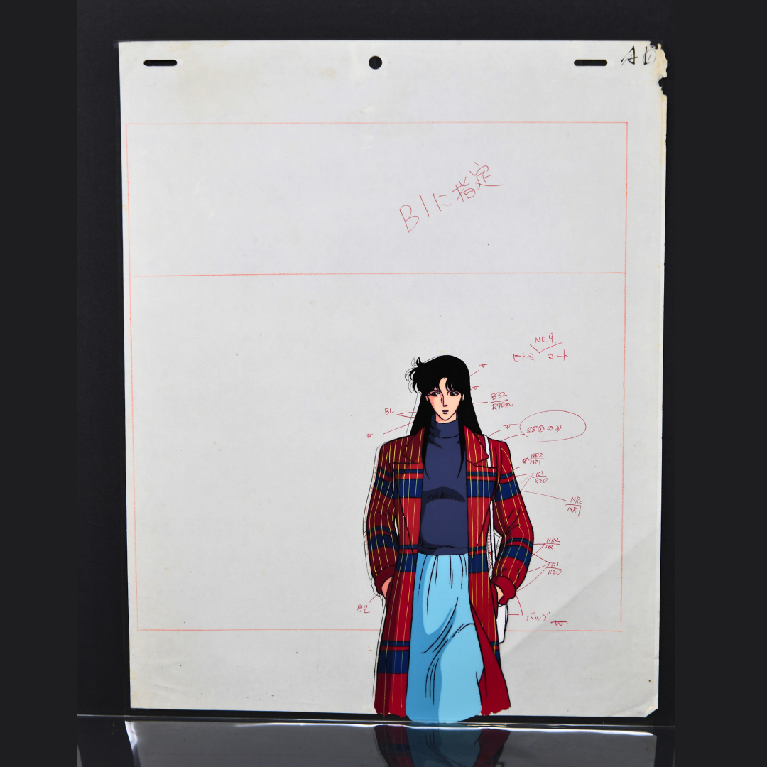 Full large vertical Hitomi Kisugi Cat's Eye production cel sheet with original studio annotations