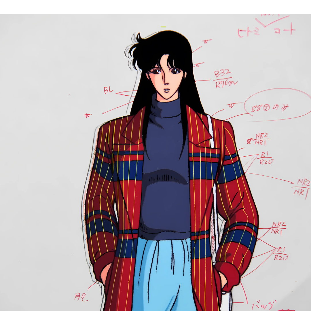 Close-up of Hitomi Kisugi original production cel from Cat's Eye with color annotations visible