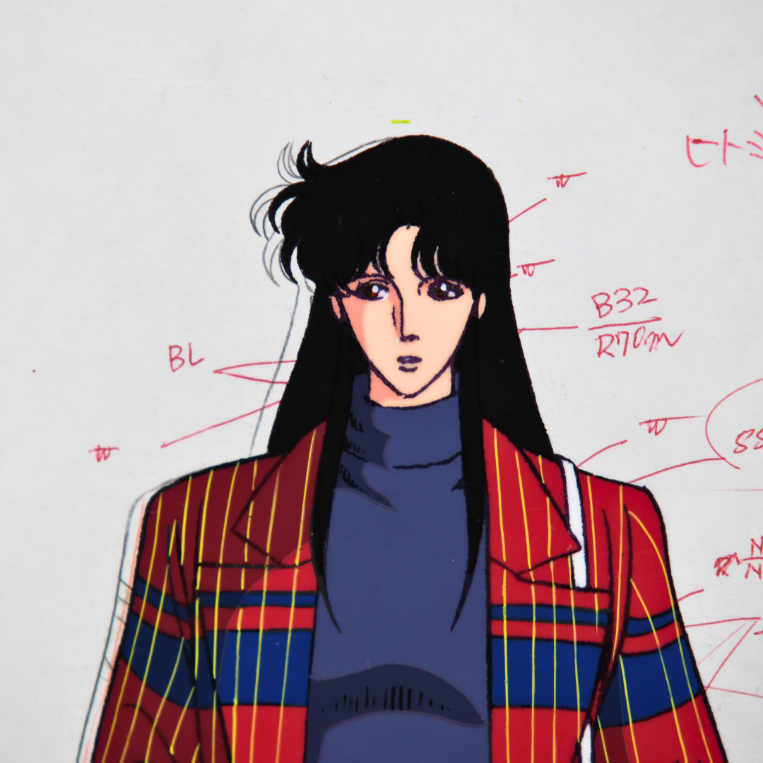 Hitomi Kisugi face detail on original Cat's Eye production cel with handwritten color notes