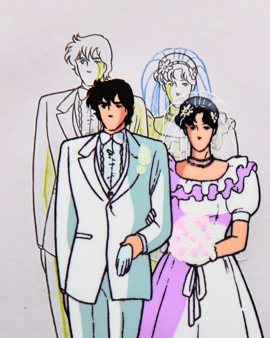 Detail of Hitomi Kisugi and Toshio Utsumi in wedding attire on original Cat's Eye production cel
