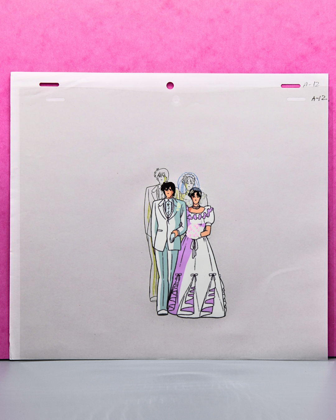 Full sheet view of Hitomi Kisugi and Toshio Utsumi wedding original production cel from Cat's Eye
