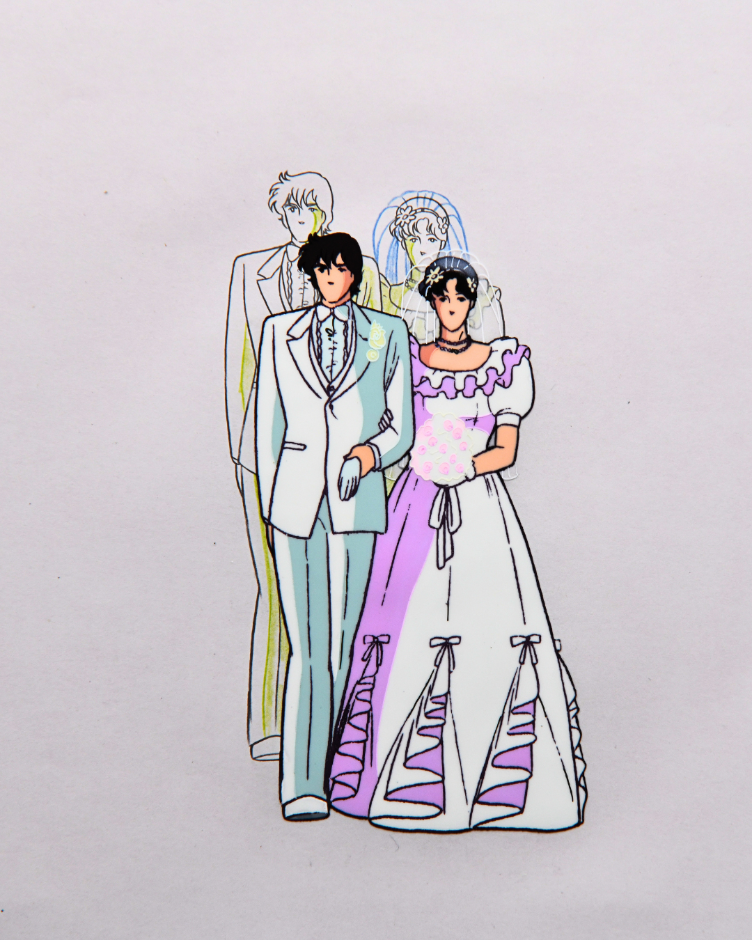 Hitomi Kisugi and Toshio Utsumi wedding scene original production cel with attached douga from Cat's Eye