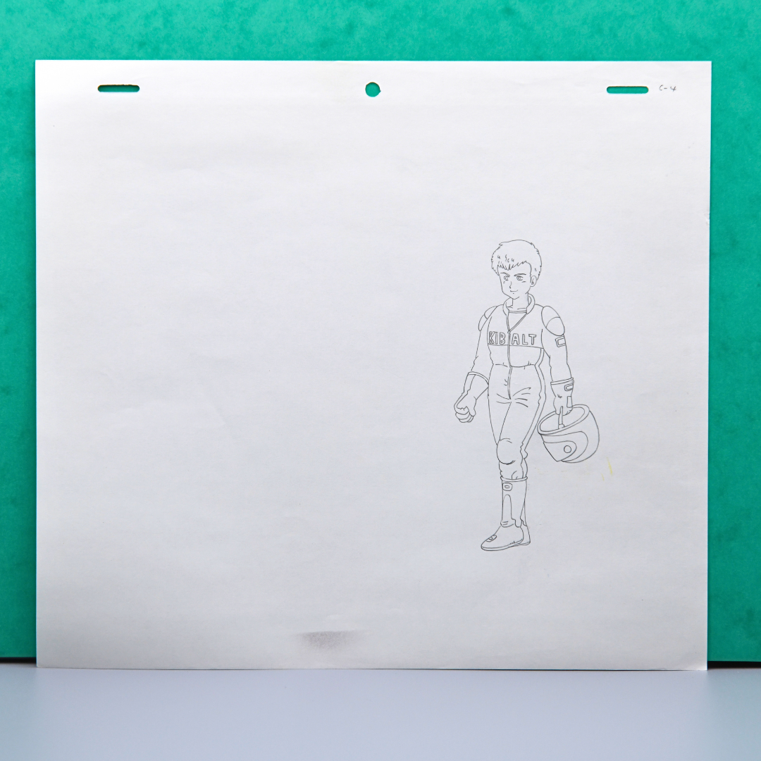 Original Dr. Slump production douga of Dertze Kibalt holding his racing helmet