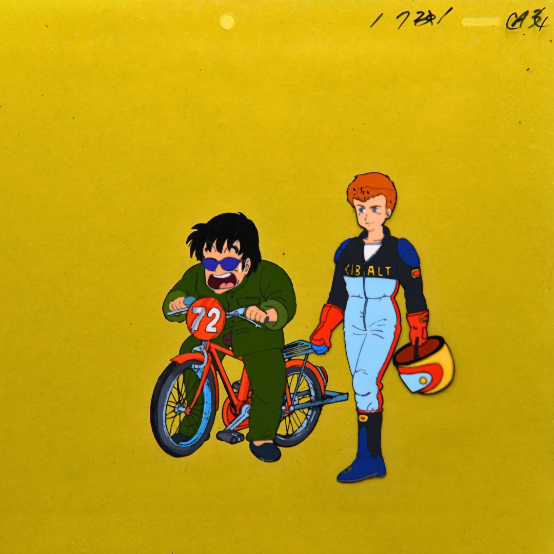 Dr. Slump original production cel featuring Dertze Kibalt and Tsukutsun Tsun during a race scene