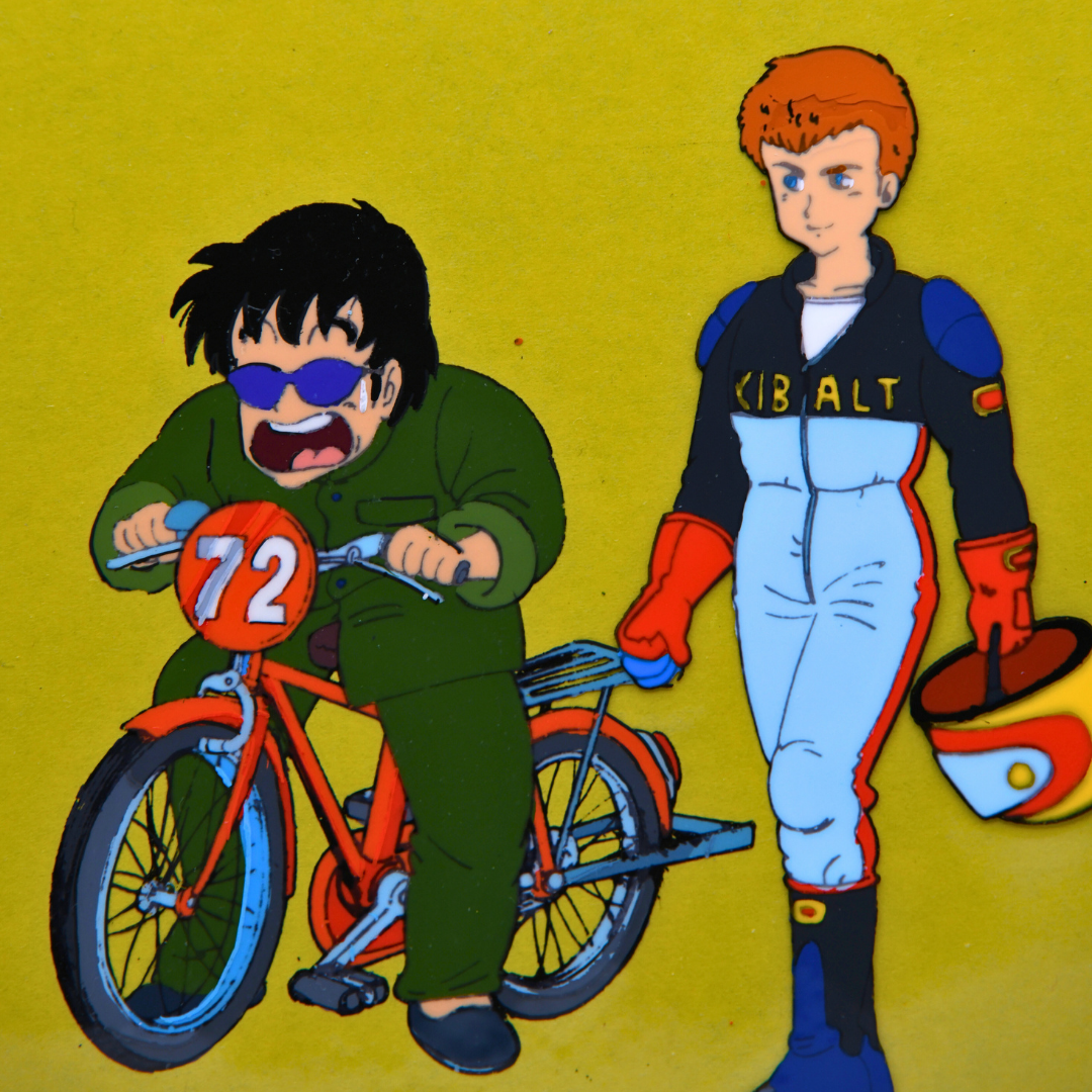 Close-up of Dr. Slump production cel showing Dertze Kibalt and Tsukutsun Tsun