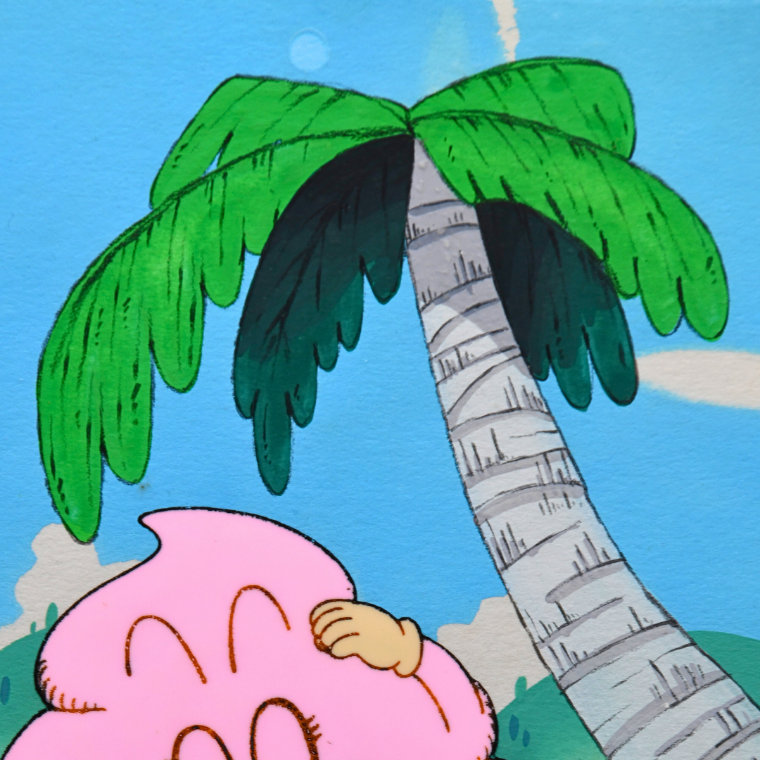 Palm tree detail from the original hand-painted Dr. Slump background accompanying the Pink Poop cel