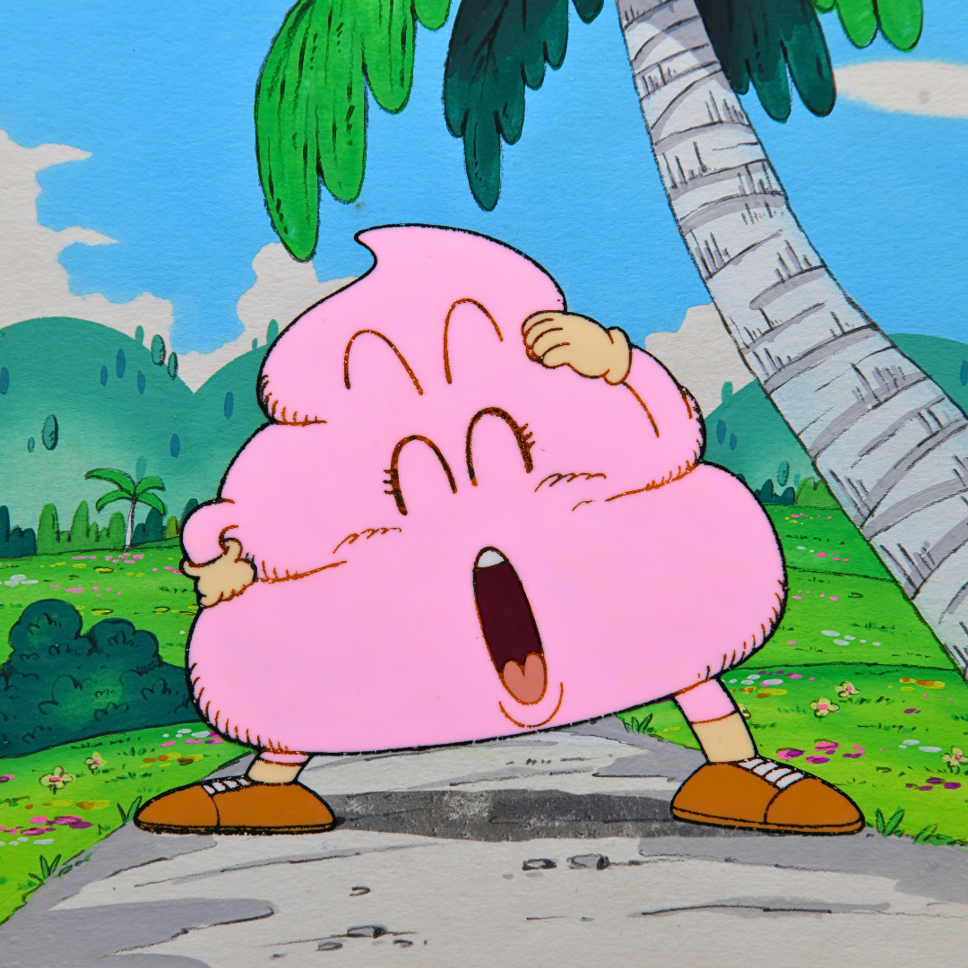 Pink Poop original Dr. Slump production cel with hand-painted original background
