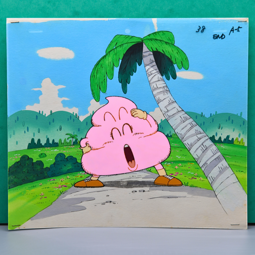 Full view of Pink Poop Dr. Slump original production cel with matching hand-painted background