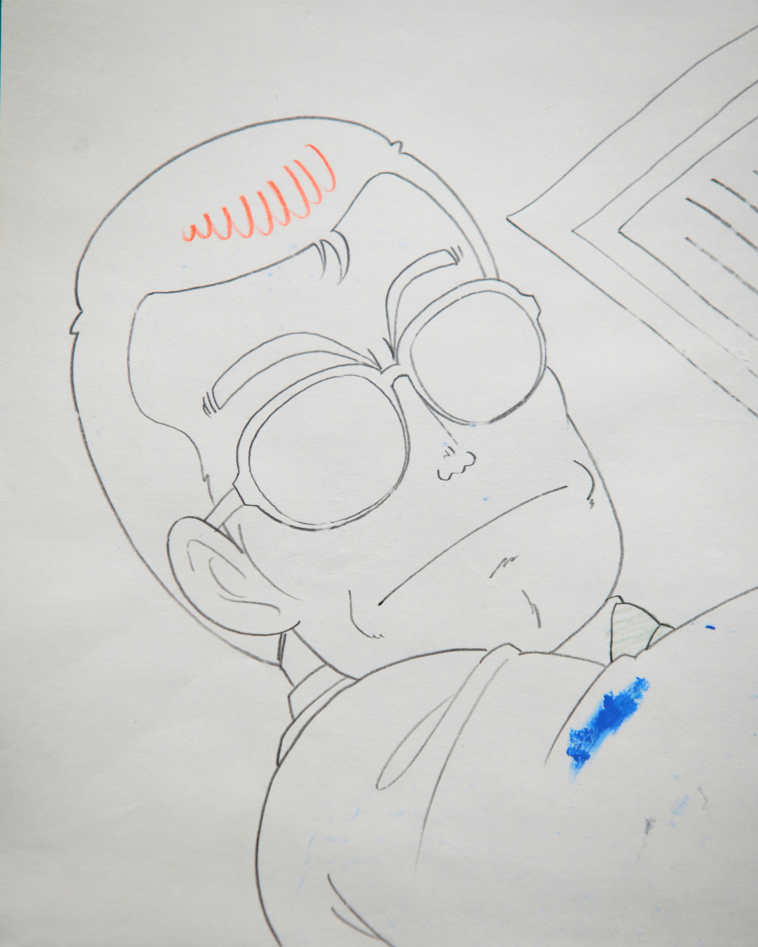Suppaman reading newspaper matching Dr. Slump production douga close-up with paint mark