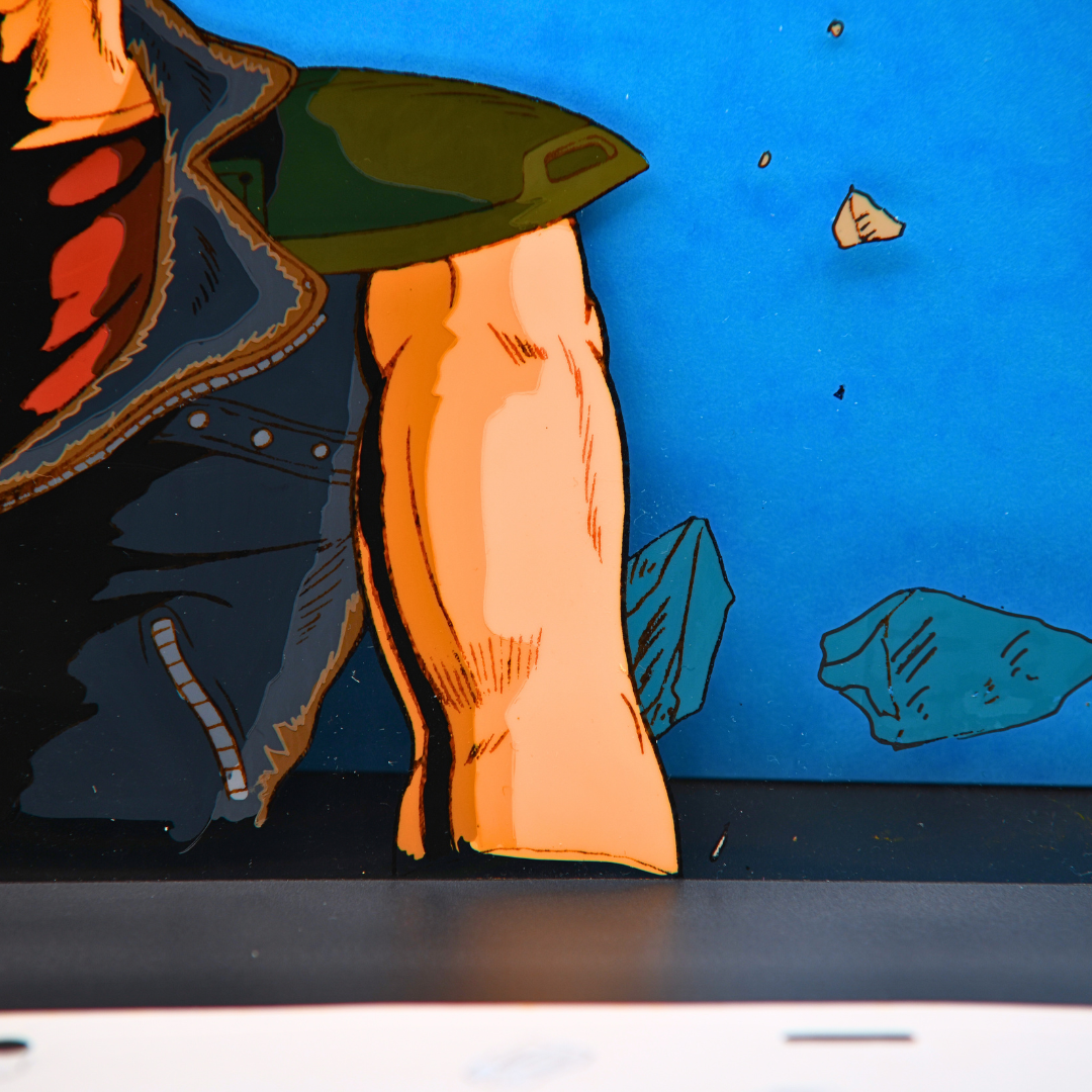 Kenshiro original production cel close-up with debris, Fist of the North Star The Movie 1986