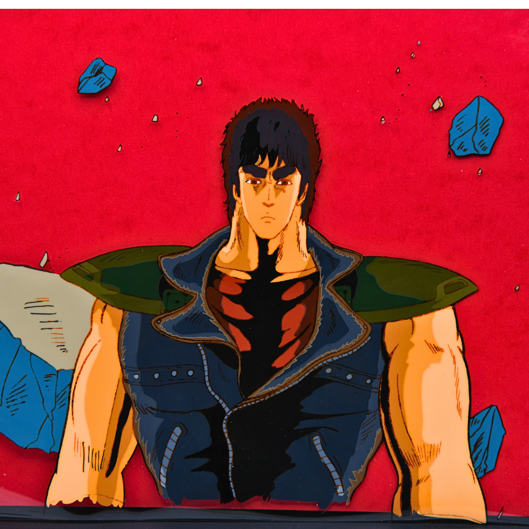 Detail of Kenshiro original production cel with debris, Fist of the North Star The Movie 1986