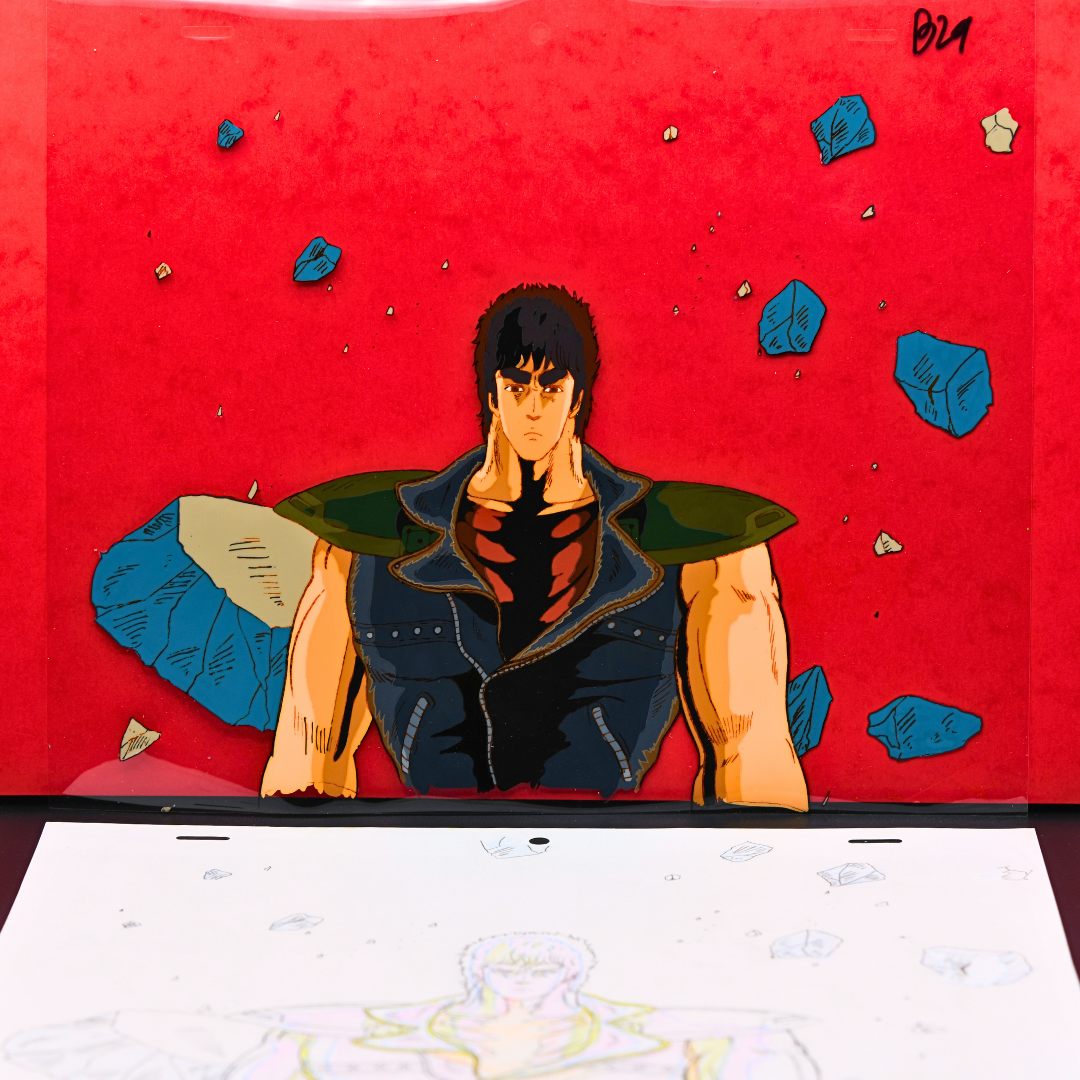 Kenshiro original production cel with debris on red background, Fist of the North Star The Movie 1986