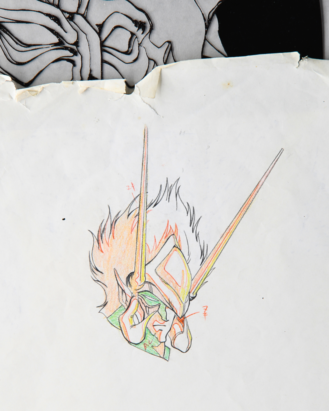 Original Guy Youma Kakusei production sketch showing armored monster head design