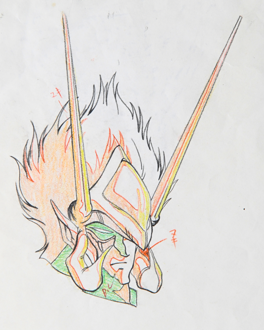 Close-up of original Guy Youma Kakusei production sketch with color indications